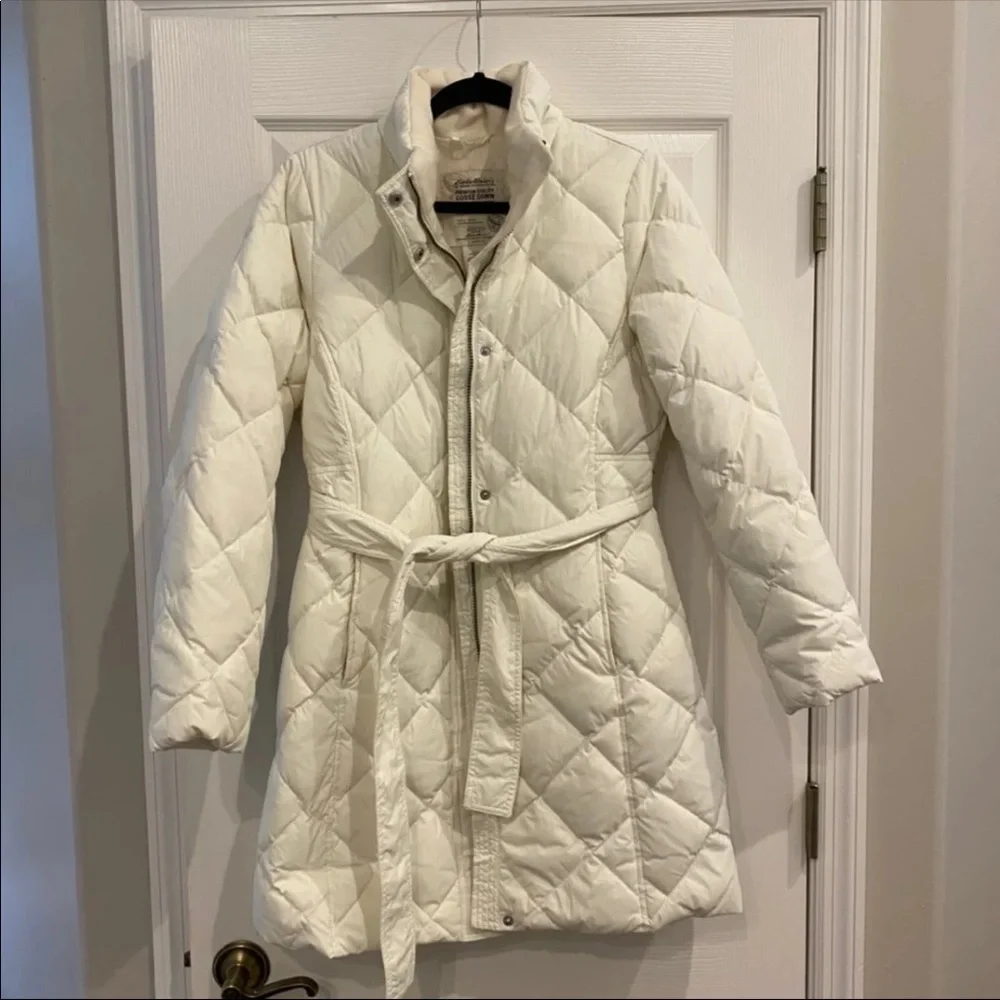 Eddie Bauer Ivory Quilted Belted Puffer Coat